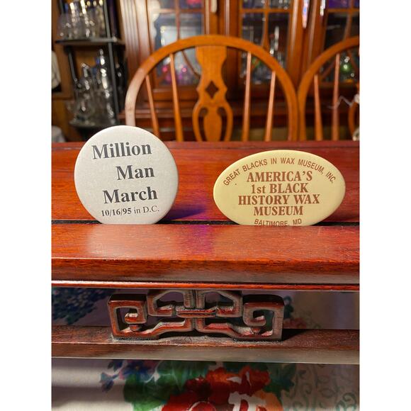 Lot of 2 PinBack Badges Button Lapel Pins Million Man March Black Wax Museum EUC - Picture 1 of 10